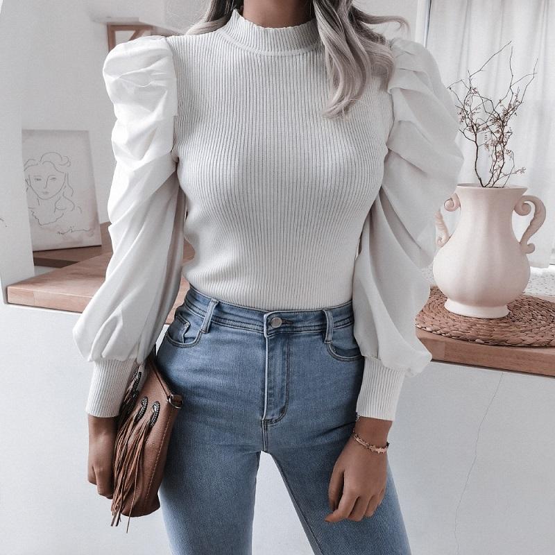 

Autumn Vintage womens knit sweaters jumper 2021 puff Sleeve Casual Knitted Top for woman sweaters pullovers elagant sweater, White