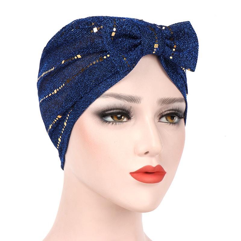

Spring and summer new style European and American foreign trade turban hat bow sequined Muslim solid color hat, Black