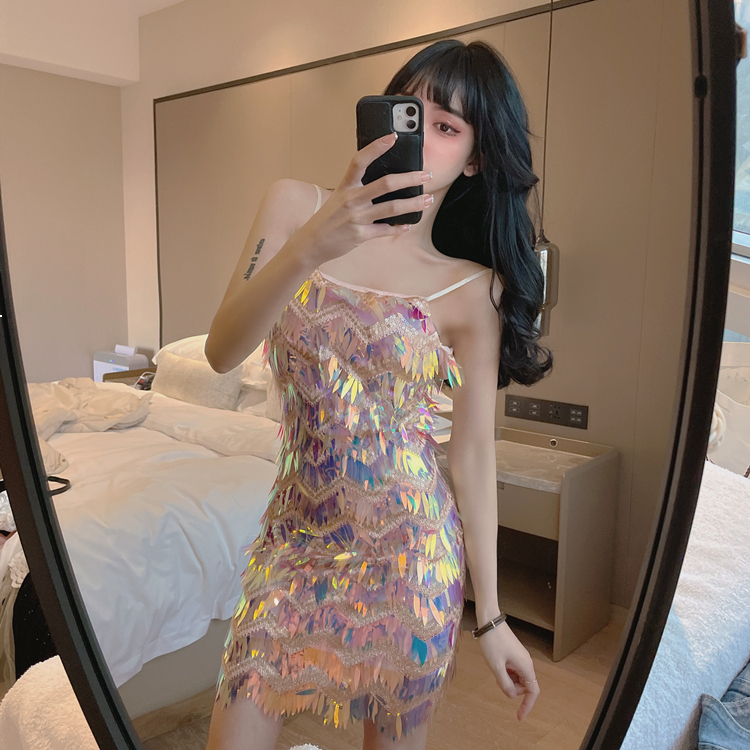 

2021 New Dressed a Holiday Party Spangles with No Backrest Sparkly Halter Hip Bag Sexy Annual Anchor Meeting As Disco A36c ZZ6V, Gold