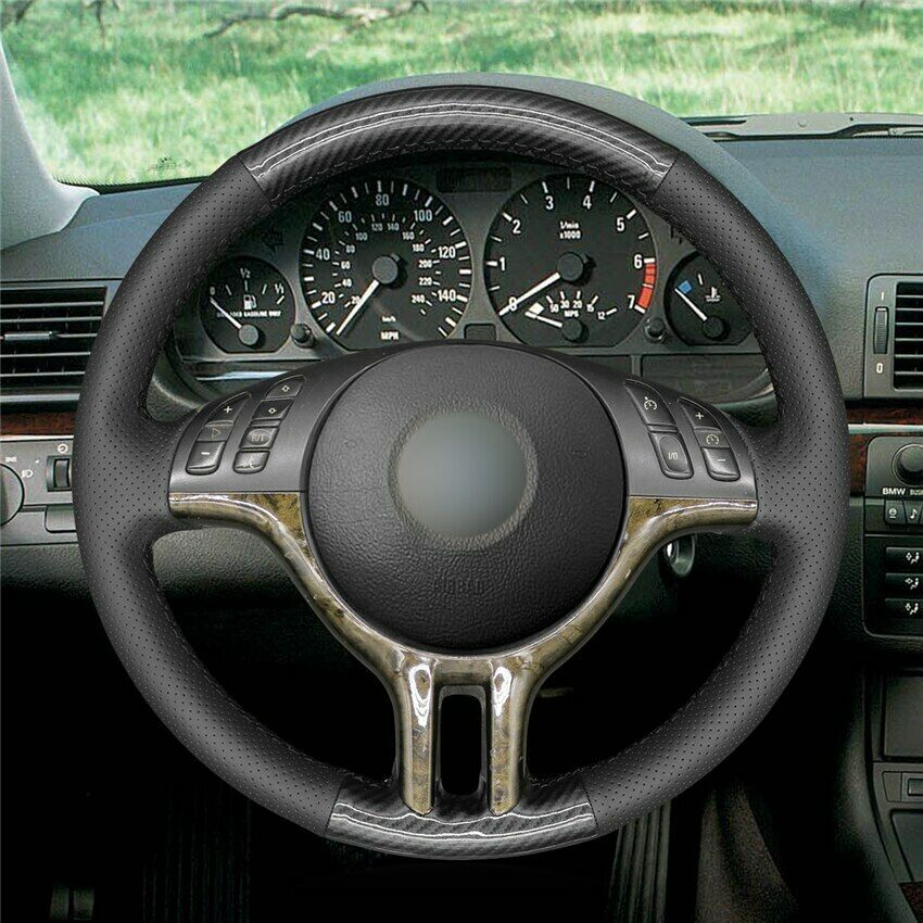 Black PU Carbon Fiber Leather Steering Wheel Cover for BMW E46 318i 325i E39-image-640176446
