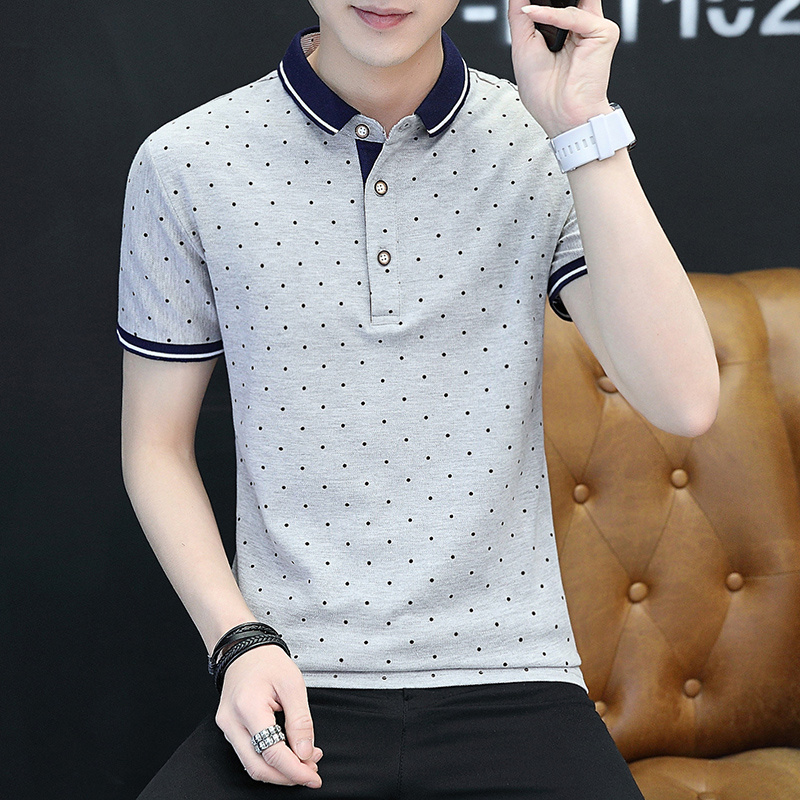 

Cotton Mens Polo shirts Summer Polka Dot Polos Short Sleeve Korea Style Fitness Shirts For Men Polo Turn Down Collar Top Tees, Grey