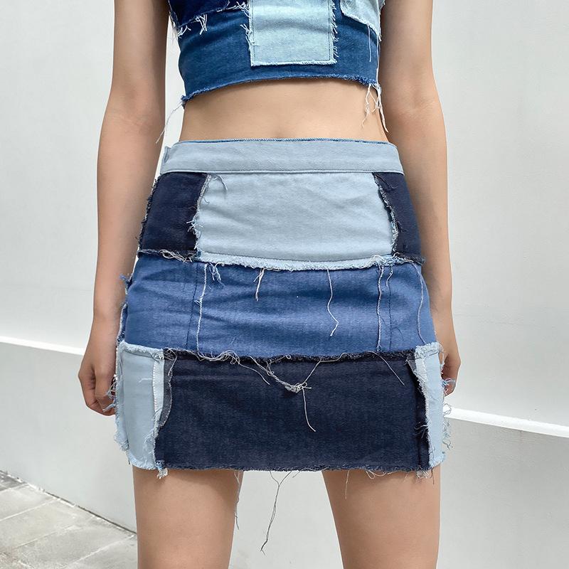 

2020 Y2K Patchwork Stitch Bodycon Denim Skirts E-girl Sweet High Waist Mini Skirt 90s Streetwear Autumn Fashion Casual Bottom, Blue