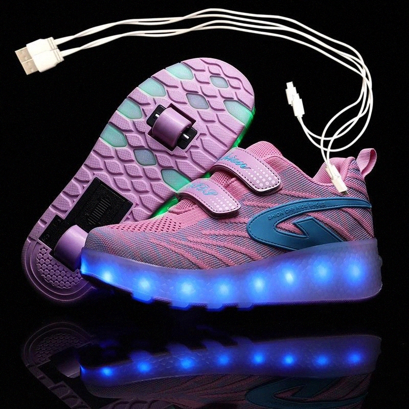 

wheels Black USB Charging Fashion Girls Boys LED Light Roller Skate Shoes For Children Kids Sneakers With Wheels Two wheels #IR1e