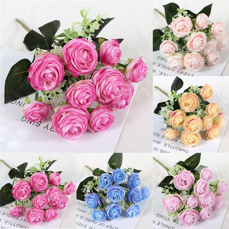 

5 Forks 10 Heads Flower Small Camellia Artificial Flowers Bouquet for Home Garden Wedding Decoration Silk Fake Flowers Decor, Blue