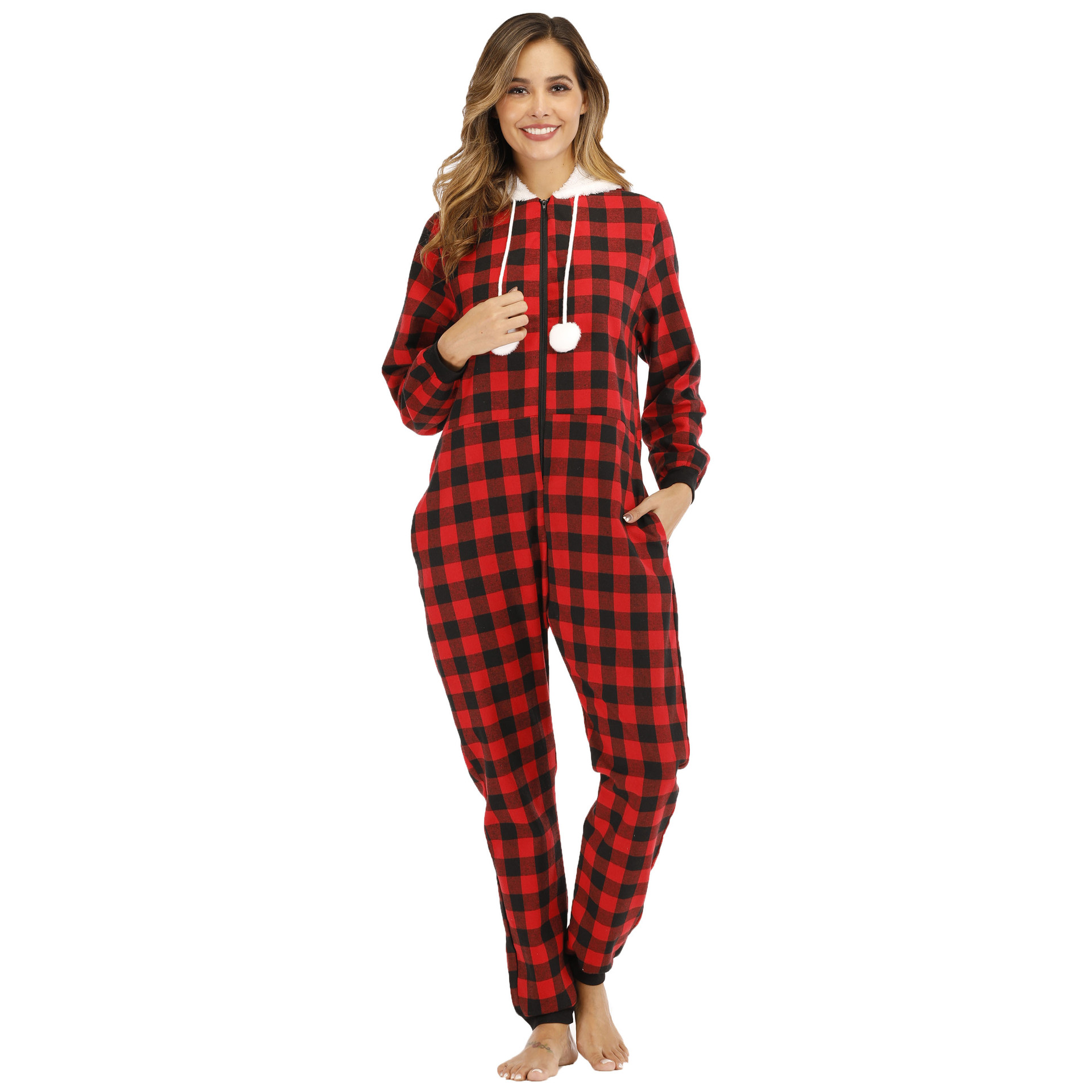 

Women Sleepwear Fashion Plaid Hooded One-piece Home Wear Womens Winter Jumpsuits Pajamas New Arrival Hooded, Red