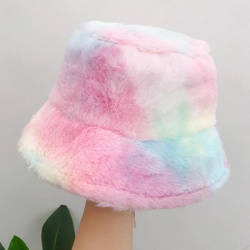 

Pink Purple Faux Fur Bucket Hat For Women Girl Fashion Multicolor Tie Dye Soft Warm Fishing Cap Fisherman Gorros Winter Gifts, Color 4