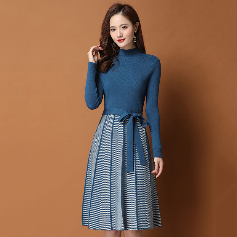 

Autumn Winter Women Pleated hem striped printed Sweater Dress elegant Female A-Line Dresses Soft Rib Knitted dresses with belt, Camel