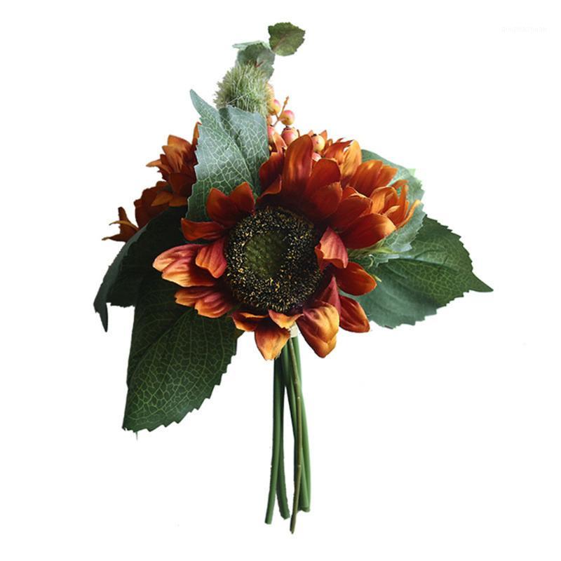 

European sunflower INS artificial flower bouquet home decoration wedding hand-held wall plant fake flowers1, Dy000253-green