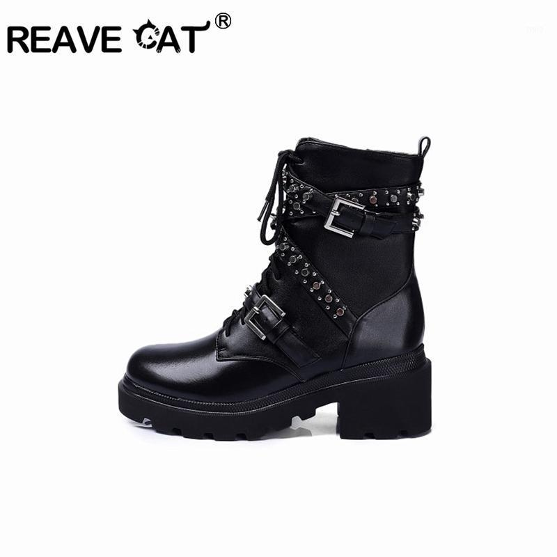 

REAVECAT Autumn Winter Punk Mid-calf boots Platform Genuine Leather Rivets 5cm Chunky heels Zipper Buckles Big size 33-41A32111, Black no fur