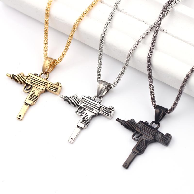 

Fashion Hot Pistol Gun Uzi Necklaces men Hip Hop Dance Franco Chain Maxi Charm Long Pendant Necklace 3 Color Accessories
