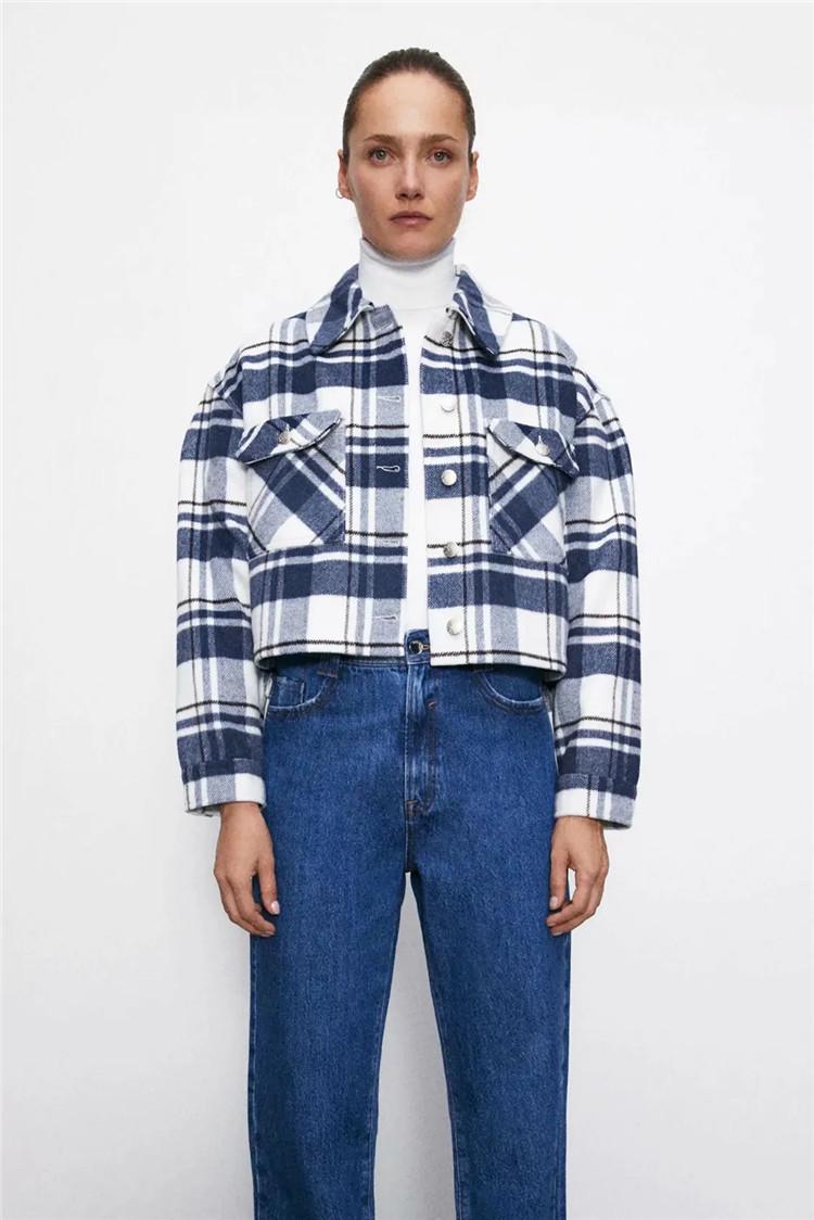 

2021 Spring and Autumn Retro Contrast Blue Plaid Shirt Wool Warm Jacket New Women's Casual Plaid Short Lapel Elegant Jacket Coat, Blue check