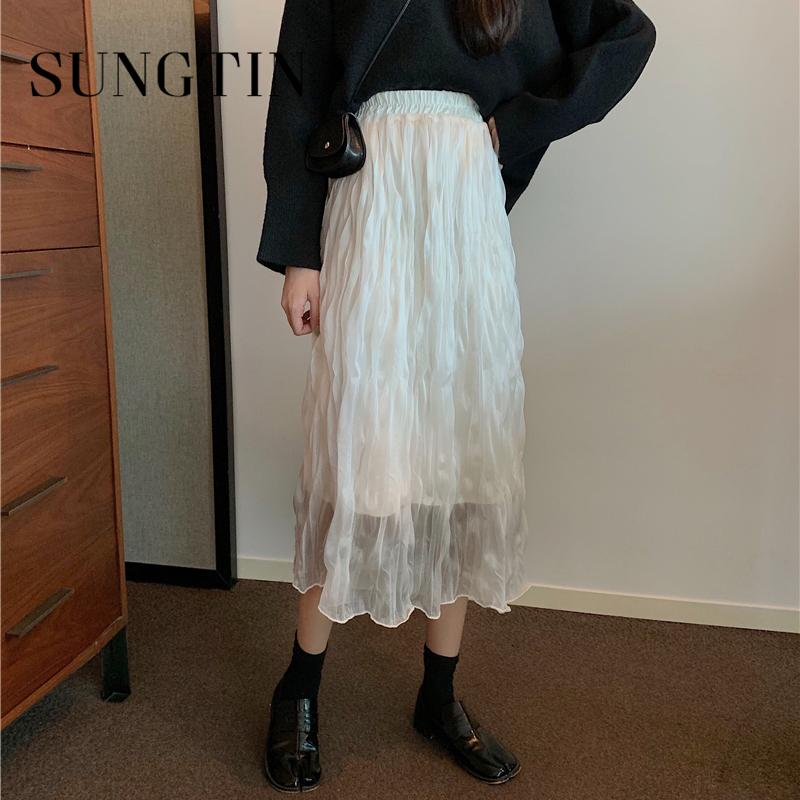 

Sungtin Elastic High Waist Vintage Skirt Women Casual Loose Black A Line Skirts Thick Elegant Pleated Skirt Midi Female Korean