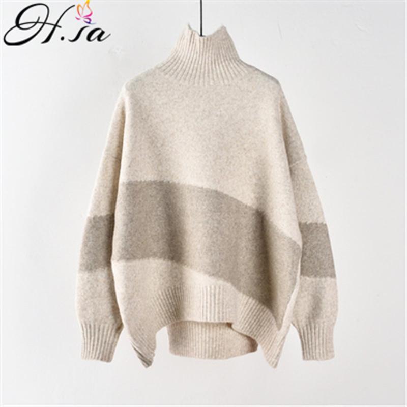 

Hsa Korean Fall Fashion Turtlleneck Sweater and Pullovers Loose Patchwork Loose Jumpers Grey Winter Warm Thick Pull Sweaters, Lm19126 dark grey