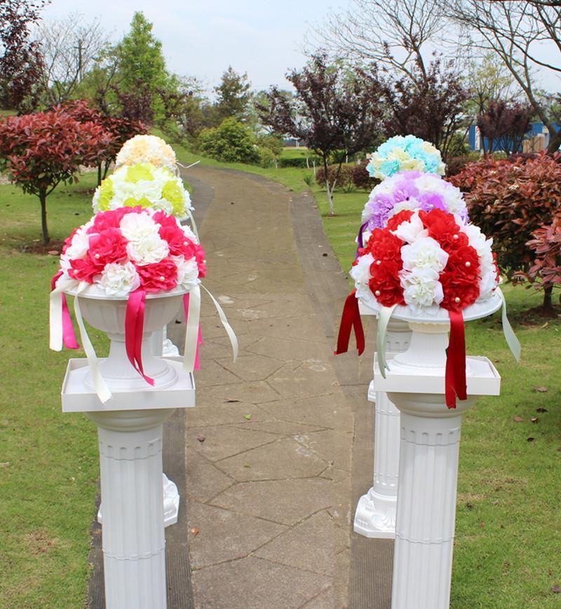 

New Arrival Aritificial Silk Flower Kissing Ball with Pearl Ribbon Roman Column Dahlia Flowers for Wedding Decoration1, Vase