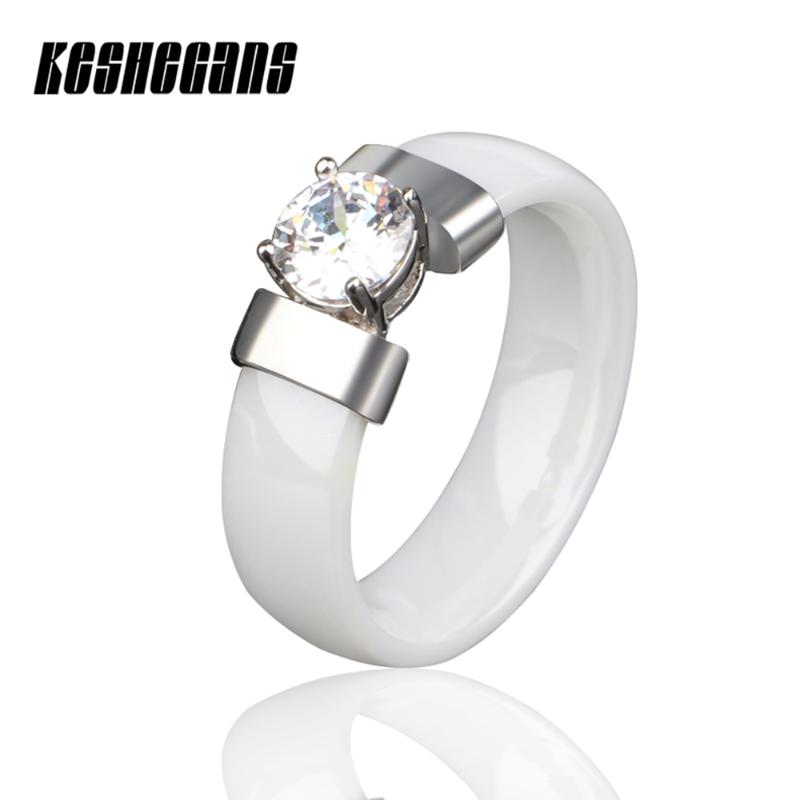 

Black White Ceramic Ring With Crystal Cubic Zirconia 6mm Wide For Women Lady Wedding Engagement Fashion Jewelry Classic Style