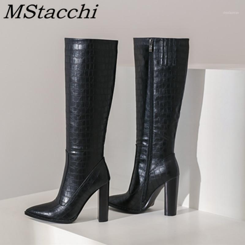 

MStacchi Elegant Women Boots Zipper-Side Crocodile Print Pointed Toe Square Heel Shoes Fashion Outdoors Party The Knee Boots1, Black