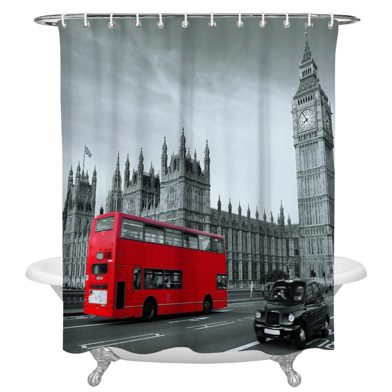 

London Bus Bell Tower Shower Curtain Decorative Waterproof Polyester Fabric Bathroom Curtains with Hooks Home Bath Decor