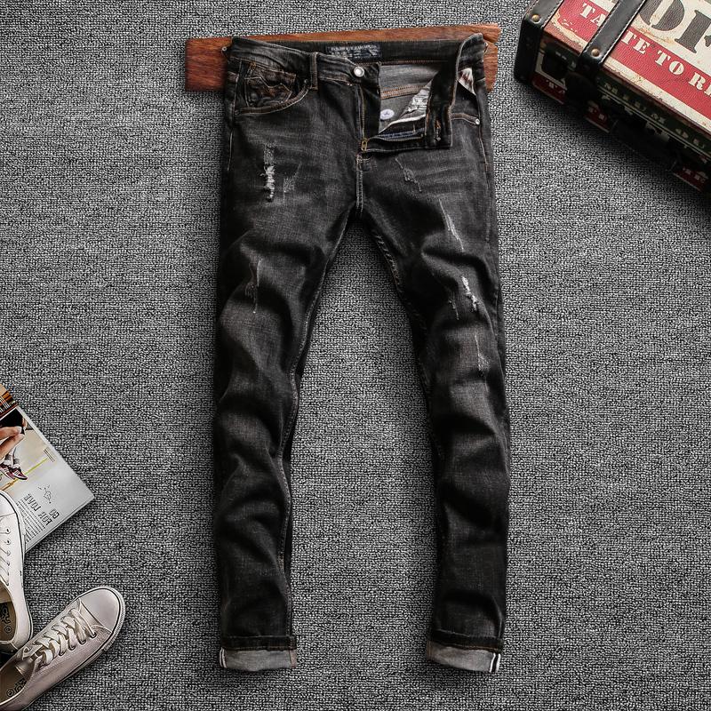 

Italian Style Fashion Men Jeans High Quality Retro Black Gray Elastic Slim Fit Ripped Denim Pants Vintage Designer Trousers