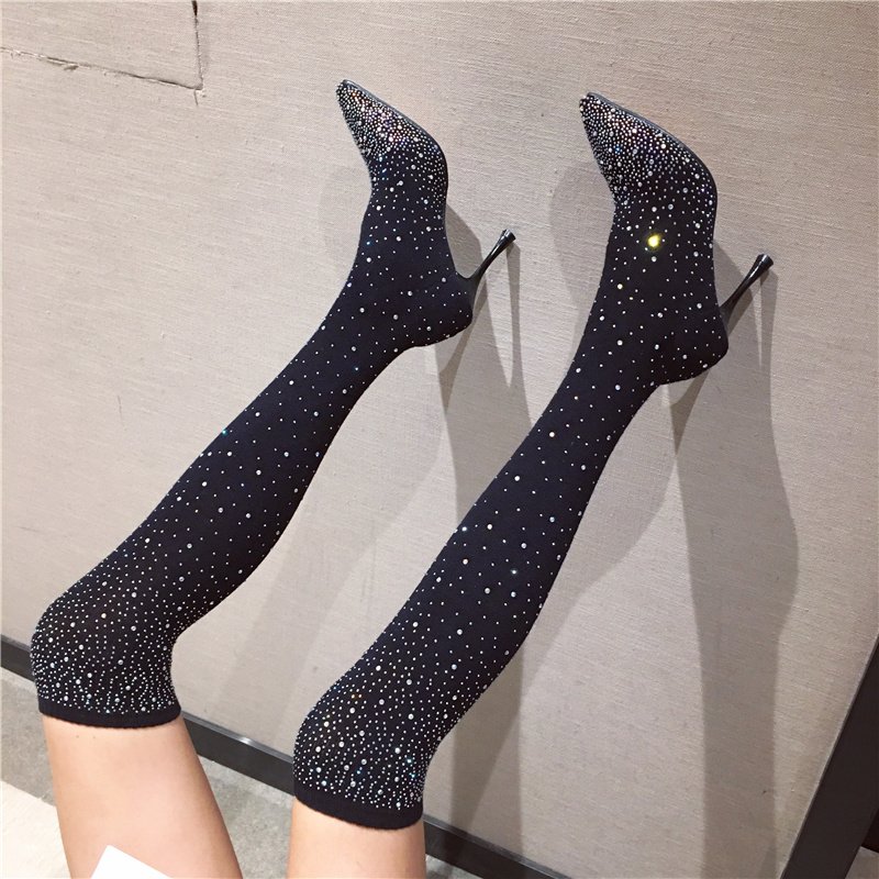 

Female 2020 Autumn Crystal Tissue Stretched Over the Knee 9cm Bling High Heels Elastic Thread Long Boots Party Shoes Gojc, Game