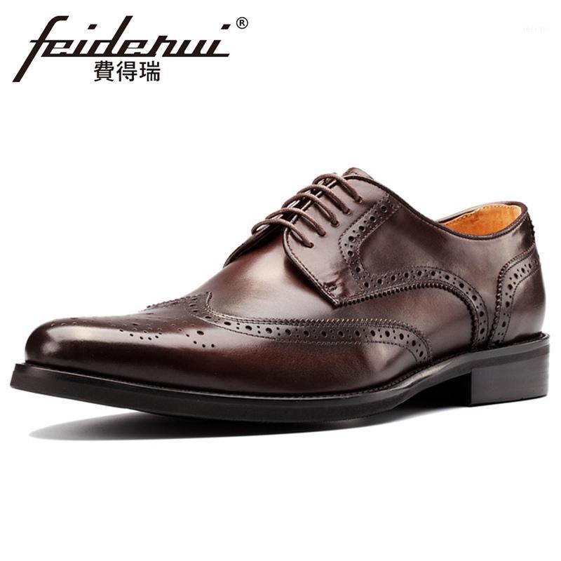 

High Quality Genuine Leather Men's Carved Footwear Formal Dress Handmade Pointed Toe Wedding Party Wingtip Brogue Shoes MLT231, Brown shoes for men