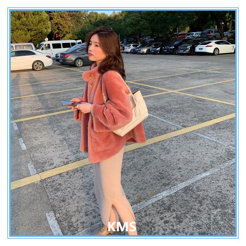 

KMS Winter New Particle All-wool Sheep Shearing Lamb Fur Coat Short Coat for Women /S/M, Beige