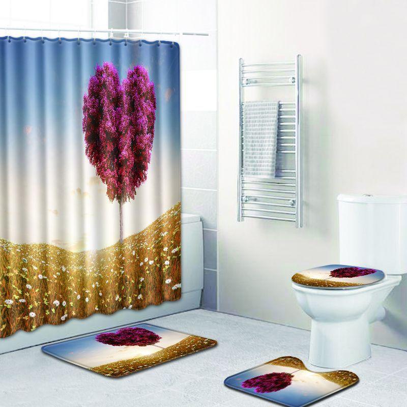 

ONGLYP 4pcs Shower Curtain Set 3D Pretty Tree Bathroom Curtains with Hooks Non Slip Bath Mat Toilet Cover Rugs Mat Home Decor