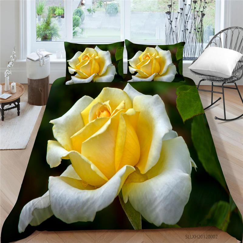 

White Rose Bed Set For Girls Elegant Beautiful 3D Duvet Cover King Queen  Full Single Double Leaves Bedding Set Comfortable, Style 7
