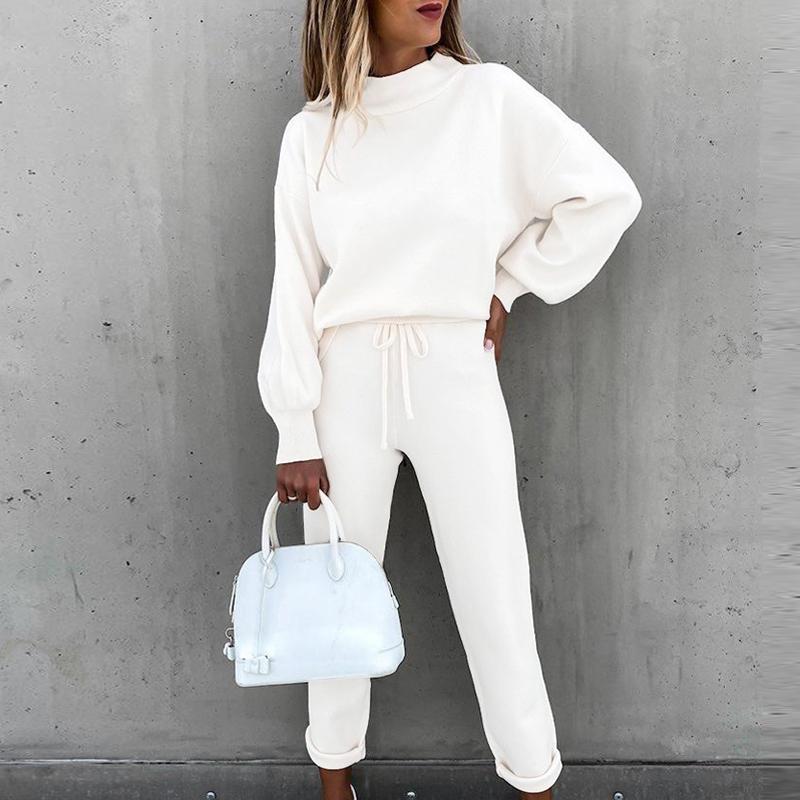 

2020 Women Elegant Two Piece Sets Long Sleeve Turtleneck Casual Solid Sweatshirt Drawstring Pants Autumn Winter Female Tracksuit, Deep blue