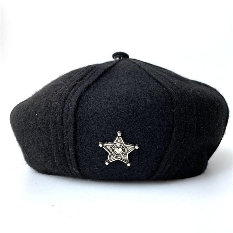 

Winter Wool Beret with Metal Five-pointed Star Female Wool Cap Winter Autumn Spring Hat Solid Color Top Quality Women Boina, Black
