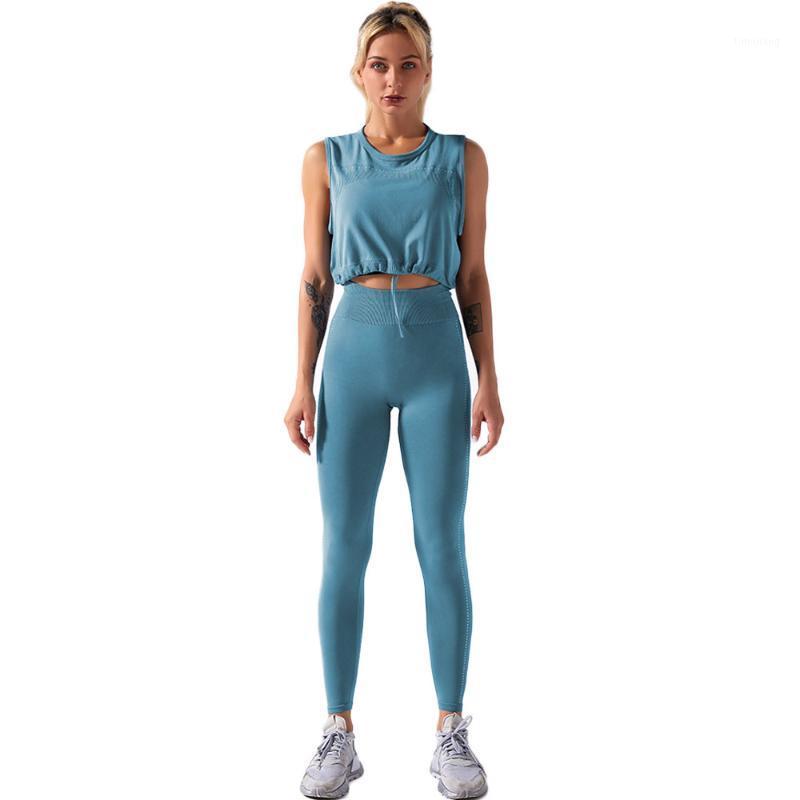 

New Fitness Sports Suit for Women Seamless Yoga Set Drawstring Sleeveless Top Leggings 2 Piece Set Solid Gym Clothing Sportswear1, Light grey set