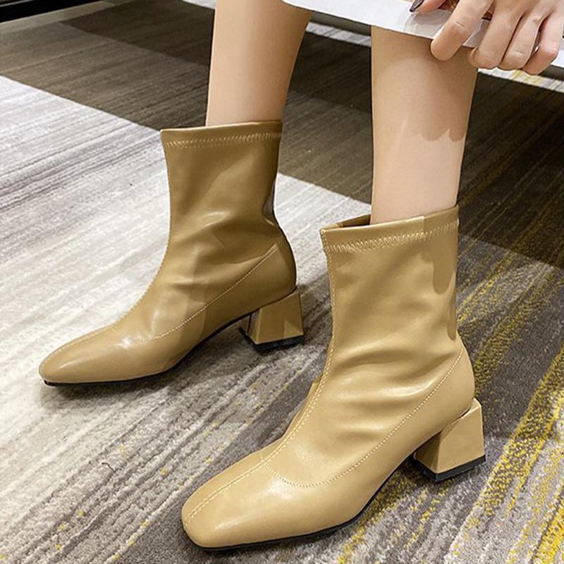 

Woman Square Toe Ankle Boots Elegant Women's Leather Fashion Zipper Pump Women Casual Short Boot Ladies Thick Heels Autumn Shoes, Black