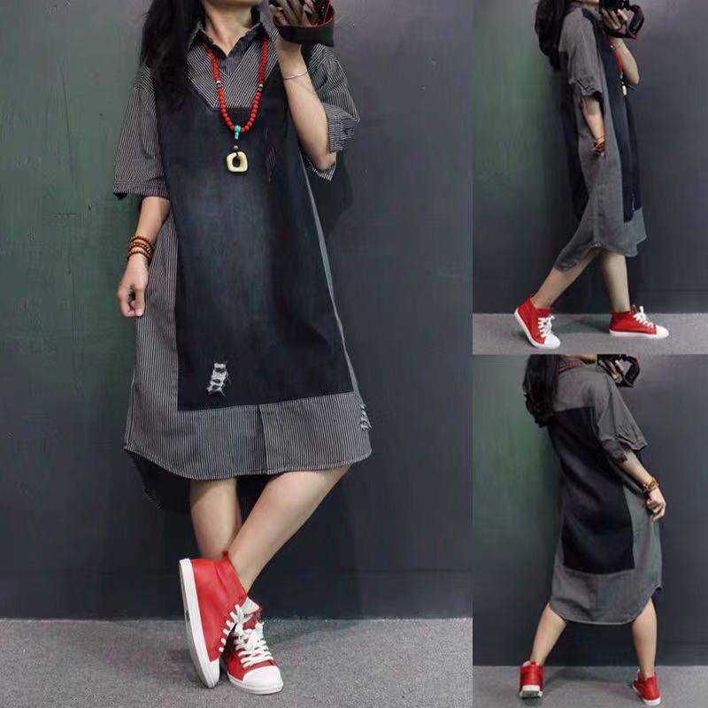 

Casual Dresses Women Striped Stitching Denim Shirt Dress Female Five-point Sleeves Loose Large Size, Black;gray