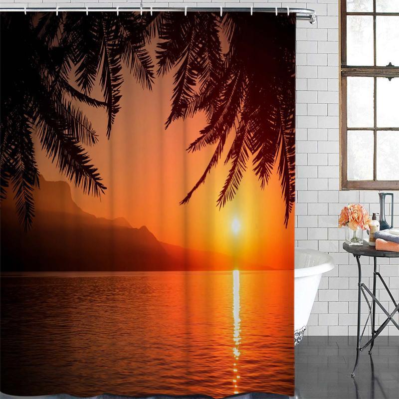 

Bathroom Waterproof Curtain Red Sunset Palm Trees Fabric Shower Curtain Home Bathroom Decor Shower1