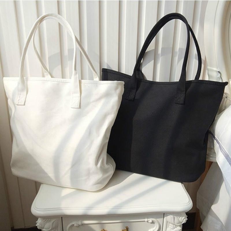 

Solid Color Canvas Shoulder Bag Large Capacity Portable Female Bag Minimalist Style Letter Shoulder Canvas, Black