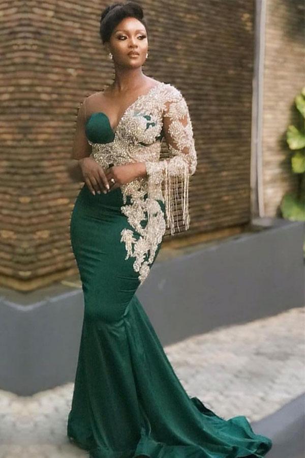 

New Arabic Mermaid Dark Green Evening Dresses Wear for Women Jewel Neck Crystal Beading Long Sleeves Floor Length Prom Dress Party Gowns, White
