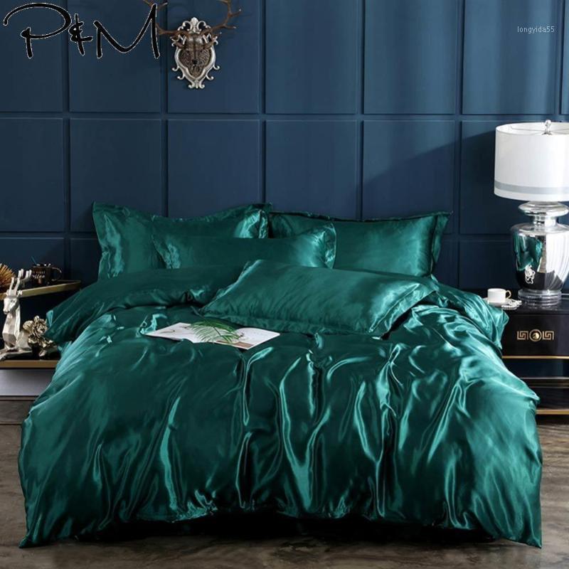 

53 Dark Green Solid Bedlinens Satin Silk Feeling Microfiber Bedding Set 3/4pcs  Queen King Duvet Cover Set1, 20191333