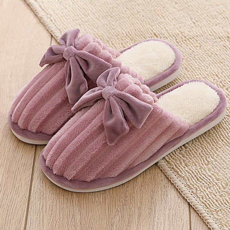 

Winter Ladies Slippers Cute Bowknot Round Toe Couple Shoes Anti-Slip Plush Indoor Soft Fashion Female Women's Cotton Slippers, Red