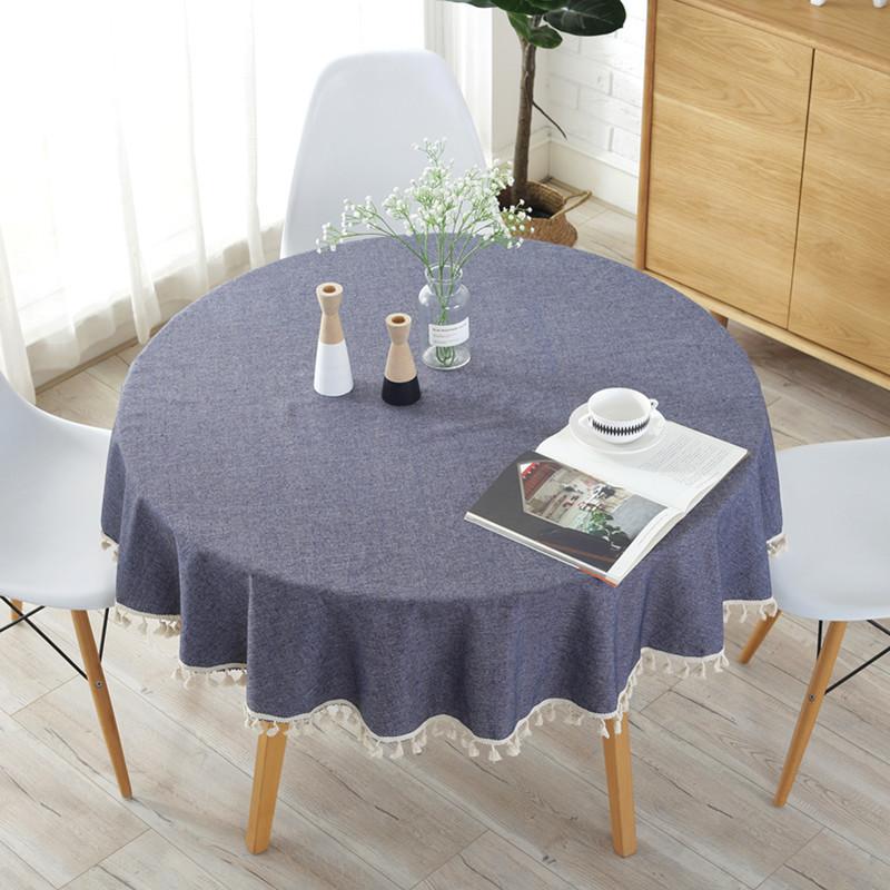 

Modern Cotton Polyester Tablecloth for Round Table Diameter 150cm Navy Blue Tassel Edge Dustproof Tables Decoration Cloth