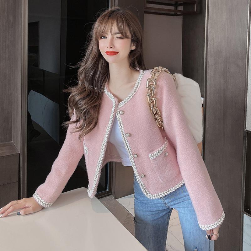 

Sweet Furry Pink Jacket Women Autumn Winter Fashion Korean Thick Long-sleeved Short Coat Loose Ladies Mink Velvet Woolen Jacket, Black