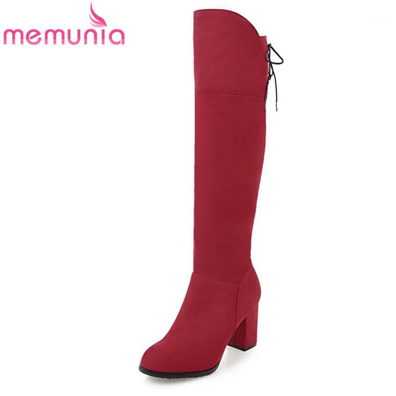 

MEMUNIA new arrival 2020 knee high boots round toe winter women boots cross tied thick high heels long big size 34-451, Black