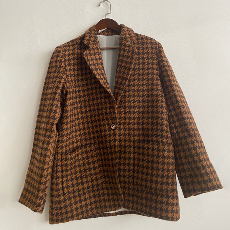 

Houndstooth woman' elegant autumn sleeve long casual pocket jacket 2020 lady from the office coat hanger women' winter, Brown