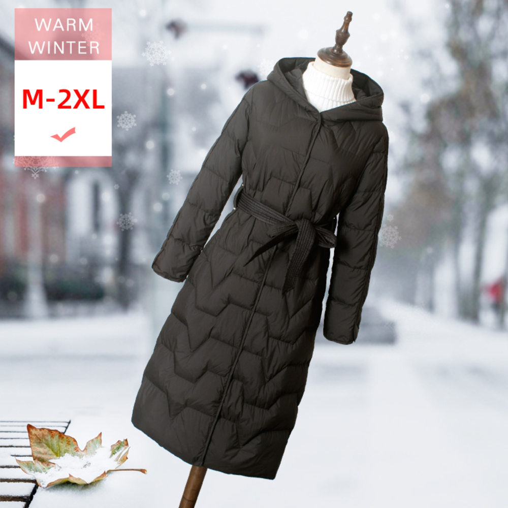 

New Long White Duck Down Jacket With Hood Female Slim Thin Soft Casual Coat Covered Button Windproof Big Size Good Quanlity, Kahaki