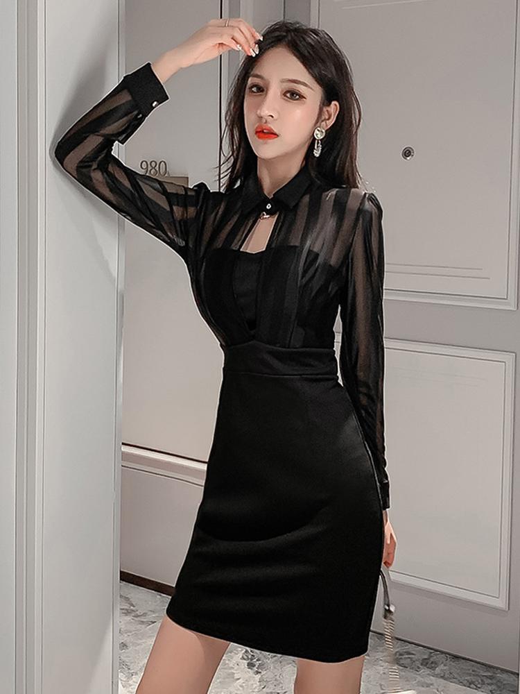 

black mini-dresses for women party evening elegant mesh patchwork Hollow out long sleeve bodycon dress autumn winter new fashion