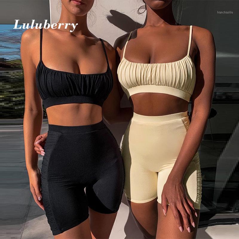 

Sexy Ruffle Sport Set Women Black Summer Thin Two 2 Piece String Bra Shorts Yoga Sportsuit Workout Outfit 2020 Fitness Gym Sets1