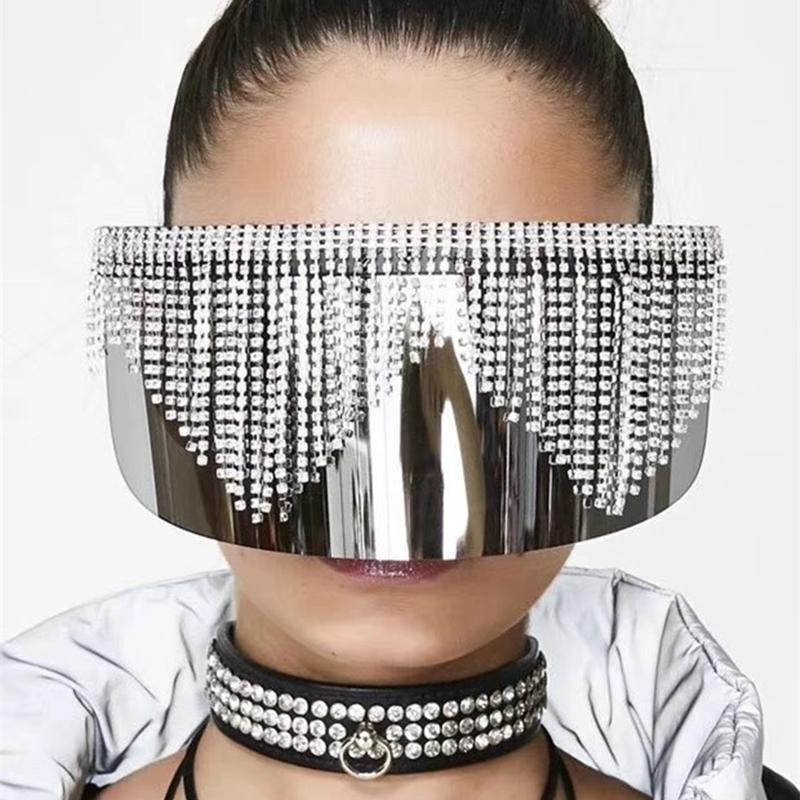 

Fashion Rhinestone Oversized Mirror Sunglasses Women Men Luxury Big Frame Mask Diamond Eye Protection Silver Glasses Shade UV400