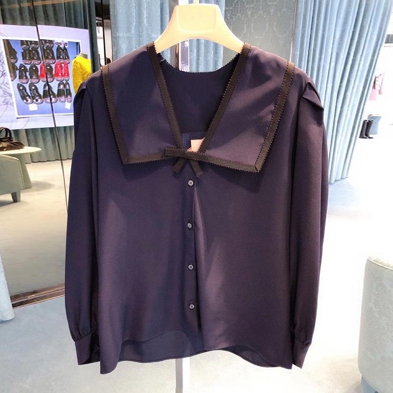 

2020 Autumn and Winter Women' New Navy Collar Contrast Bow Shirt, White