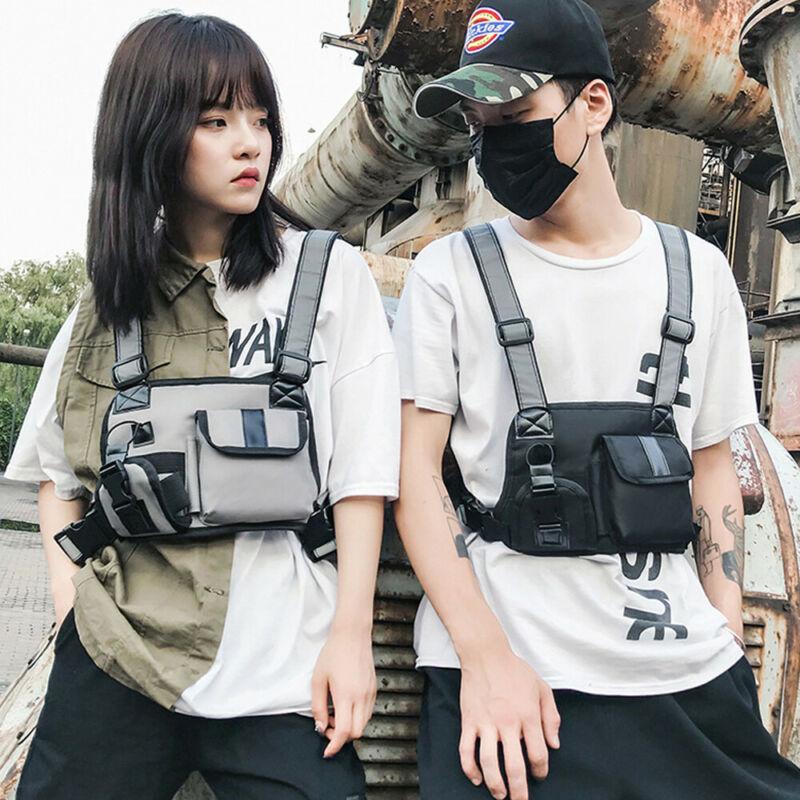 

Men Women Tactical Chest Rig Bag Vest Hip Hop Bag Harness Two Pockets Fanny Packs Waist Packs Unisex Adults Adjustable, Black