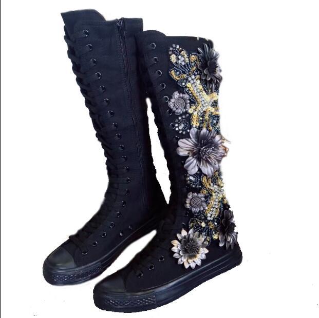 

2020 Exquisite Heavy Industry. Sequins. Ladies Lace. High Canvas Shoes. Gwfe, Black