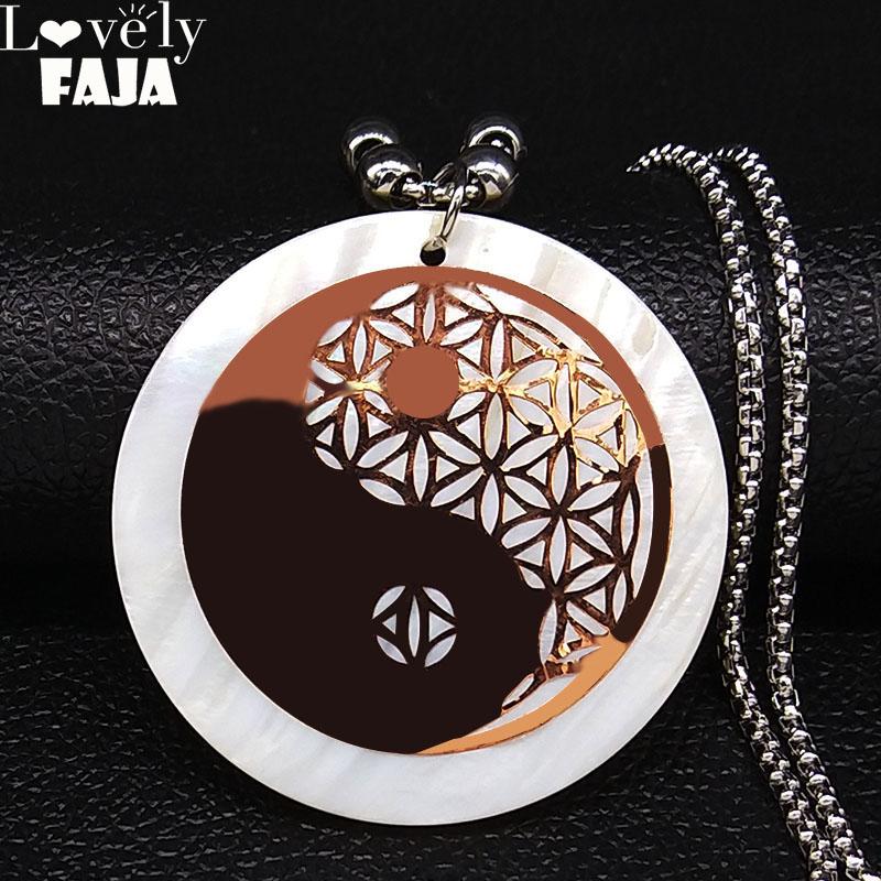 

Yoga Tai Chi Gossip Flower of Life Shell Stainless Steel Big Long Necklace Rose Gold Color Necklace Jewelry collares N20115