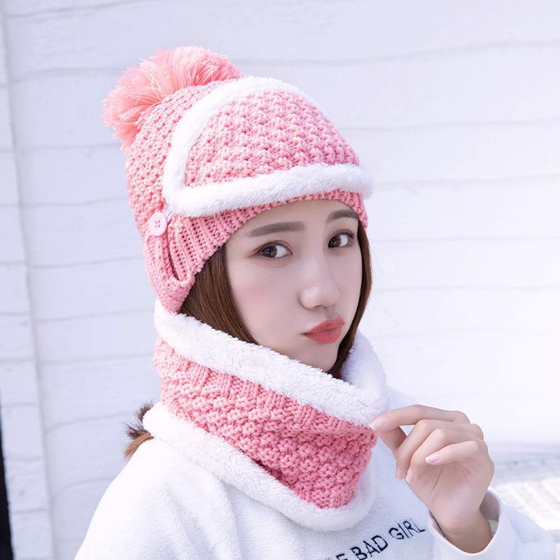 

Women Knitted Beanie Hat Scarf Face Mask Set Snood Head Neck Warmer Winter Pompom Cap Windproof Thicken Warm Caps Scarf Suit1